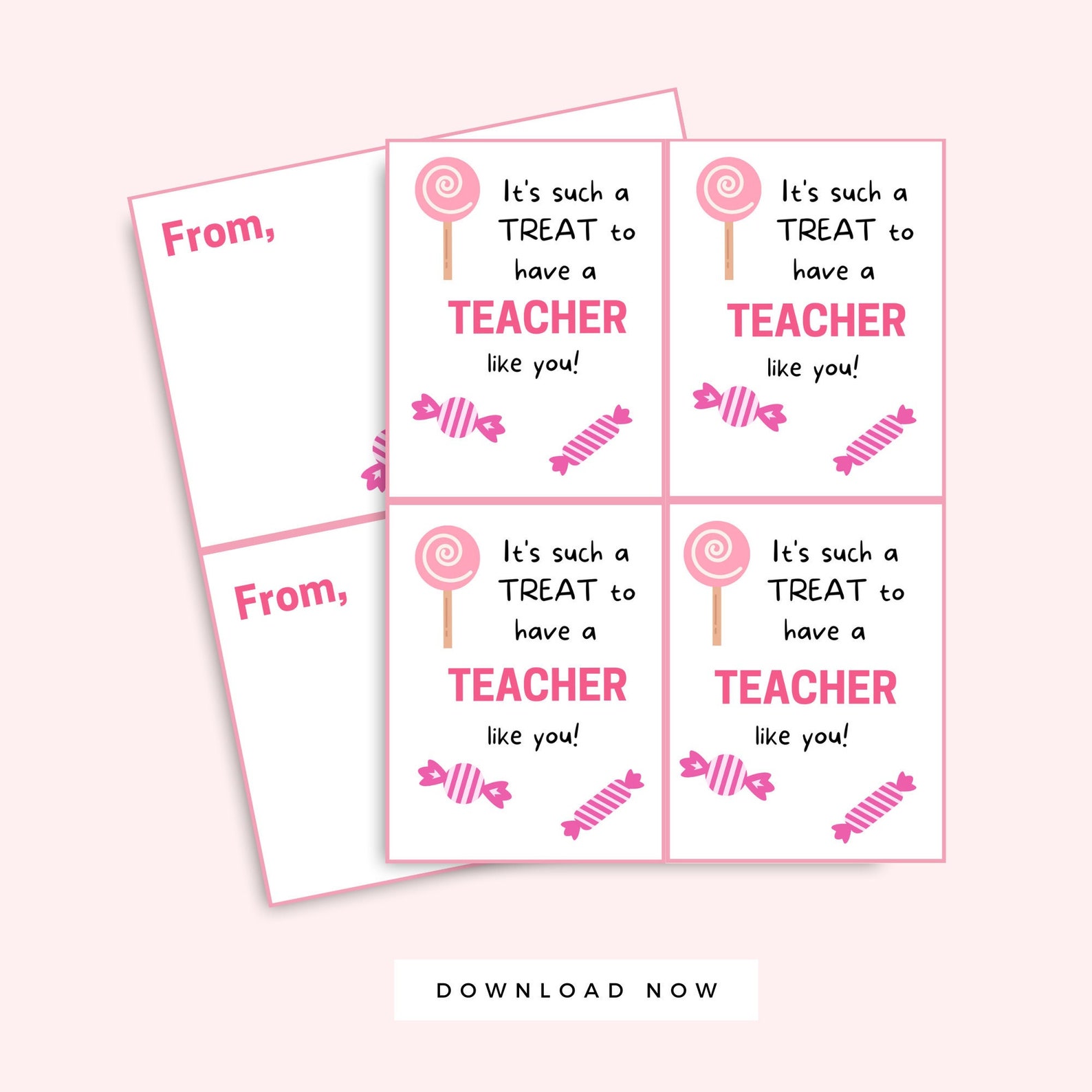 Pink Treat Valentine's Day Cards for Teachers, Printable Card, Teacher ...