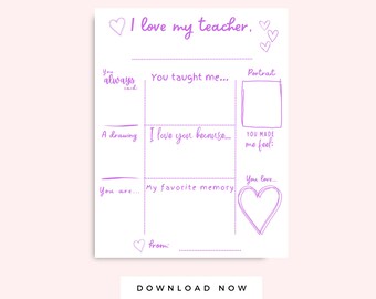 Purple Teacher Appreciation Week Printable, Instant Printable, End of Year Teacher Card and Gift, Teacher Thank You, All About My Teacher