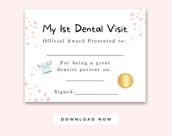 Certificat officiel de ma première visite chez le dentiste imprimable, lettre de récompense du premier dentiste pour les enfants étoilés, dents saines pour les enfants, téléchargement immédiat
