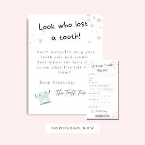 Carta imprimible del Hada de los Dientes Rosa y recibo de dientes perdidos para niños, nota del Hada de los Dientes, carta de dientes perdidos para niños y niñas Descarga instantánea