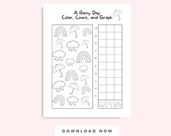 Regenachtige dagactiviteit afdrukbaar voor kinderen, kleurentelling en grafiekwerkblad zwart en wit, Preschool homeschool Instant Download-activiteit