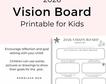 2026 Vision Board Printable for Kids, Home Learning Activity, Kids Printable Vision Board, Kids Planner Page, Kids Goal Board, Black & White