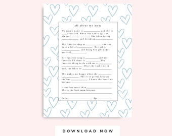 Mother's Day Letter from Kids Printable White & Blue Hearts, Mom's Day Card Printable Gift, Interview, Preschool Coloring, Instant download