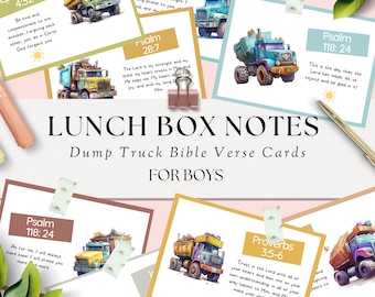 Lunch Box Notes for Kids Dump Truck, Bible Verse Cards Printable, Scripture Verse Cards for Boys, Christian Cards for Kids, 3.5 x 2.5 inch
