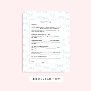 Lettre de la fête des pères des noeuds papillon bleus imprimables pour enfants, carte pour cadeau papa, activité enfant imprimable, entretien préscolaire, téléchargement immédiat
