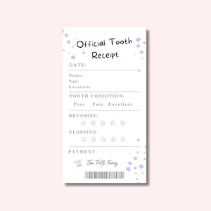 Reçu de fée des dents pour enfants imprimable, note de fée des dents 3,5 x 6,5, certificat de dent perdue pour garçons et filles, lettre de dent perdue lavande