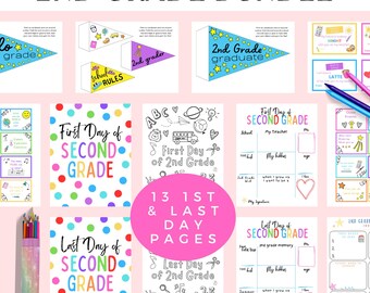 Back to School 2nd Grade Printable Bundle, 1st Day of Second Grade School Activities, 2nd Grade Goals, Pennant Flag, Last Day of School Sign