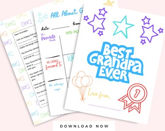 Páginas para colorear del abuelo del Día del Padre paquete imprimible multicolor de 3 páginas, regalo del día de los abuelos de los niños, regalo de cumpleaños del abuelo