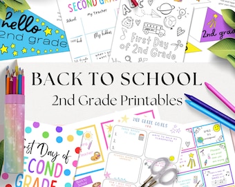 First Day of 2nd Grade Printable Bundle, Second Grade School Activities, 2nd Grade Goals, Pennant Flag, Lunch Box Notes, Back to School Sign