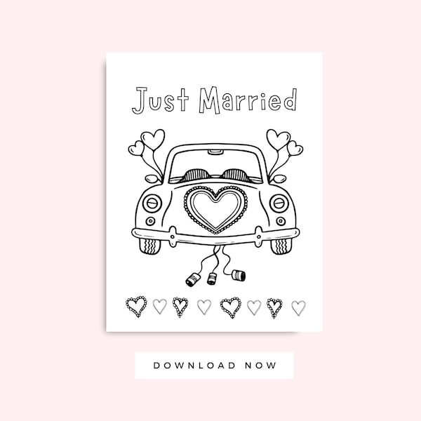 Just Married Minimalist Wedding Coloring Page for Kids, Black and White Wedding Day Printable, Wedding or Reception Kid Table Activity