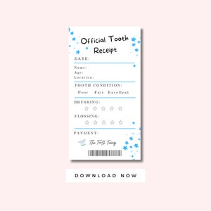 Reçu de fée des dents pour enfants imprimable, note de fée des dents 3,5 x 6,5, certificat de dent perdue pour garçons et filles, lettre dent perdue étoiles bleues