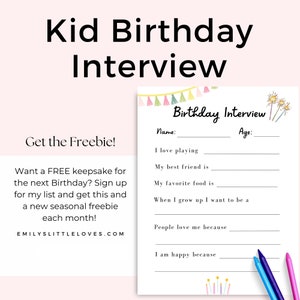 May include: A printable birthday interview worksheet with a colorful banner and sparklers. The worksheet includes questions like "I love playing", "My best friend is", and "When I grow up I want to be a".
