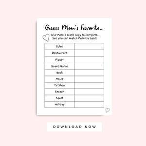 Guess Mom&#39;s Favorite Mother&#39;s Day Family Activity Printable Black and White instant download, Kid Activity Instant Download Game