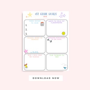 First Grade Goals Worksheet Printable, Back to School 1st Grade Bulletin Board Activity, Classroom Homeschool Activity, Kids Goal Setting