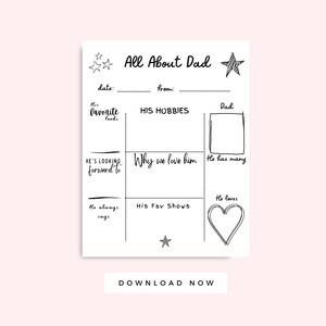 Tarjeta imprimible Todo sobre papá en blanco y negro, Carta del Día del Padre de los niños, Regalo de cumpleaños de papá, Descarga instantánea de la actividad de entrevista para niños