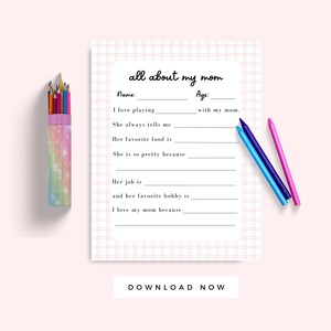 Carta del Día de la Madre de los niños, Regalo imprimible de la tarjeta de cumpleaños de la madre, Todo sobre mi madre Nota de la entrevista preescolar, Actividad del niño, Recuerdo para mamá