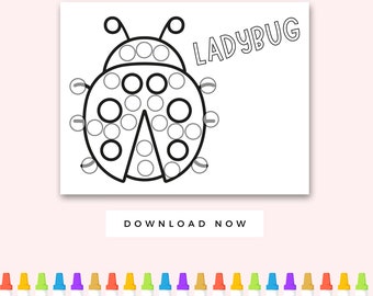 Peut inclure: Une page à colorier imprimable en noir et blanc d'une coccinelle avec le mot "LADYBUG" en texte noir en haut de la page. La coccinelle a un corps à pois et des antennes. Le texte "DOWNLOAD NOW" est en bas de la page.