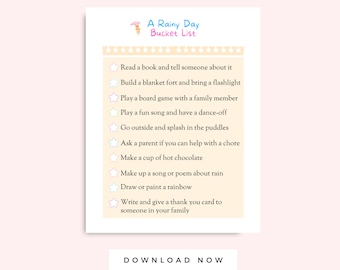 Regenachtige dag bucketlist afdrukbaar voor kinderen, Instant Download activiteitenpagina voor kinderen, regenachtige dagactiviteiten voor kinderen, afdrukbaar in meerdere kleuren