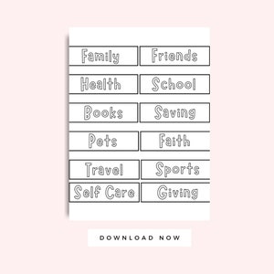 K&ouml;nnte beinhalten: Schwarz-wei&szlig;e druckbare Liste von Kategorien f&uuml;r ein Bullet Journal oder einen Planer. Die Kategorien umfassen: Familie, Freunde, Gesundheit, Schule, B&uuml;cher, Sparen, Haustiere, Glaube, Reisen, Sport, Selbstpflege und Geben. Der Text "JETZT HERUNTERLADEN" befindet sich am unteren Rand der Seite.