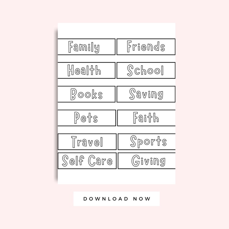 K&ouml;nnte beinhalten: Schwarz-wei&szlig;e druckbare Liste von Kategorien f&uuml;r ein Bullet Journal oder einen Planer. Die Kategorien umfassen: Familie, Freunde, Gesundheit, Schule, B&uuml;cher, Sparen, Haustiere, Glaube, Reisen, Sport, Selbstpflege und Geben. Der Text "JETZT HERUNTERLADEN" befindet sich am unteren Rand der Seite.