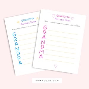 Poema acróstico de abuela y abuelo multicolor, actividad infantil imprimible del día de los abuelos, descarga instantánea de tarjetas de abuelos