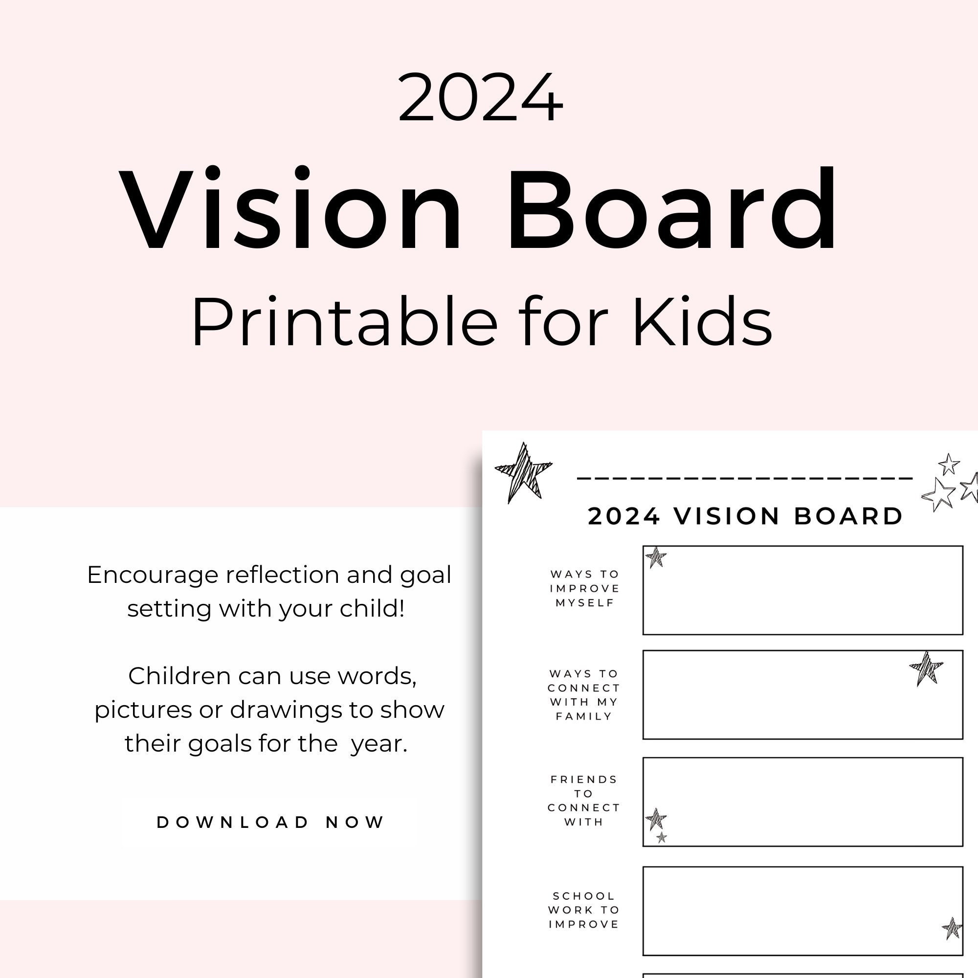 Vision Board Printable for Kids, Home Learning Activity, Kids Printable Vision Board, Kids Planner Page, Kids Goal Board, black and white