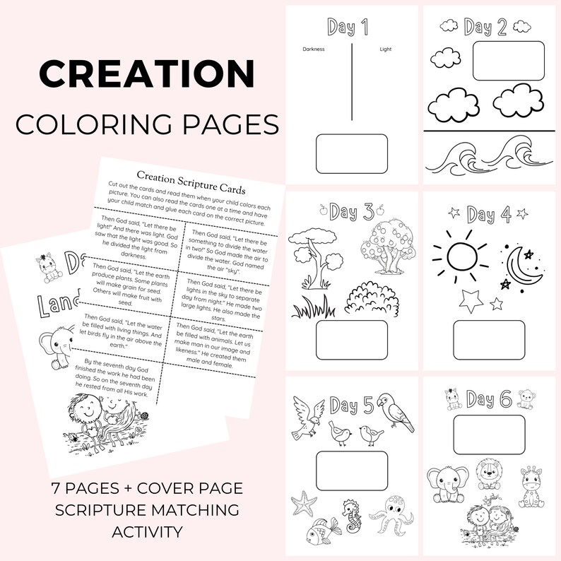 Creation Days Coloring Pages Matching Activity 7 Days of Creation