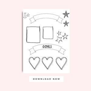 K&ouml;nnte beinhalten: Druckbare Arbeitsblatt mit zwei leeren K&auml;stchen zum Schreiben von Zielen, einem Banner mit dem Wort "GOALS" und anderen dekorativen Elementen wie Sternen und Herzen.