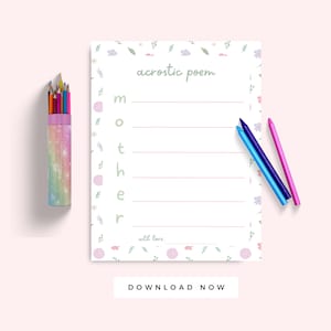 Carta del día de la madre de los niños, regalo imprimible de la tarjeta de cumpleaños de la madre, plantilla de poema acróstico de la madre, recuerdo del día de la madre