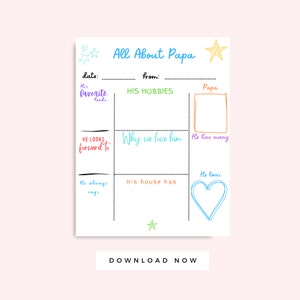 All About Papa Board multicolor, Father's Day Grandpa Coloring Page, Grandparent's Day Gift from Kids Instant Download Grandpa Birthday Card
