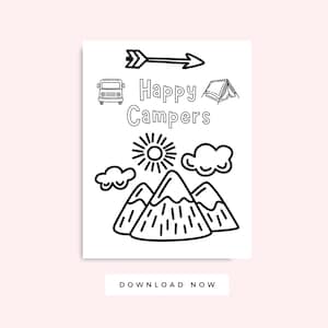 Camping Coloring Pages PDF Printable, Happy Campers Picture, Summer Kid Activity, Preschool Coloring Pages, Instant Download Worksheet