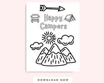 Camping Coloring Pages PDF Printable, Happy Campers Picture, Summer Kid Activity, Preschool Coloring Pages, Instant Download Worksheet