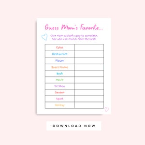 Guess Mom&#39;s Favorite Mother&#39;s Day Family Activity Printable, Multi Color instant download, Kid Activity Instant Download, Mom Birthday Game
