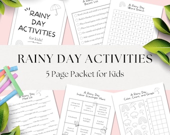 Rainy Day Activities for Kids, Printable Rainy Day Packet, 5 Page black and white Instant Download, Mad Lib, Word Search, Indoor Bucket List