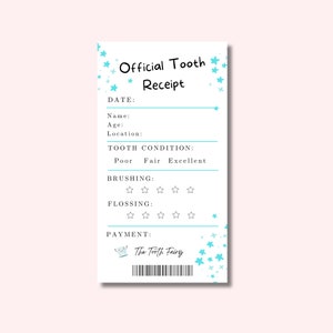 Reçu de fée des dents pour enfants imprimable, note de fée des dents 3,5 x 6,5, certificat de dent perdue pour garçons et filles, lettre dent perdue étoiles bleu sarcelle