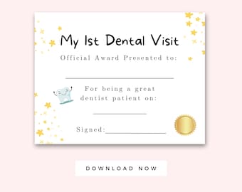 Attestation officielle de ma première visite chez le dentiste imprimable, lettre de récompense du premier dentiste pour enfants, dents saines, étoiles jaunes, santé dentaire