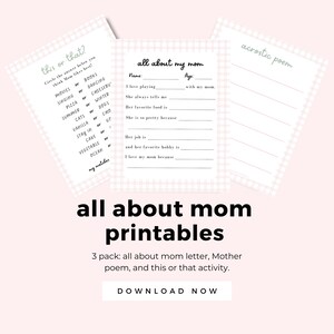 Carta de crianças para o dia das mães, 3 imprimíveis para a mãe, cartão de presente de aniversário da mãe, tudo sobre a mãe, entrevista pré-escolar, poema, este ou aquele jogo