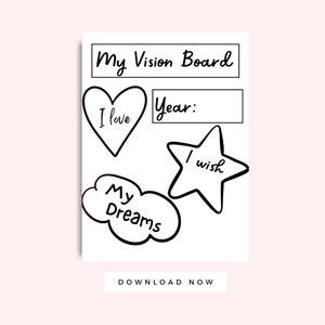 K&ouml;nnte beinhalten: Eine druckbare Vision Board Vorlage mit schwarzen Umrissen eines Herzens, eines Sterns und einer Wolke. Das Herz sagt "Ich liebe", der Stern sagt "Ich w&uuml;nsche", und die Wolke sagt "Meine Tr&auml;ume". Der Text "Mein Vision Board" befindet sich oben auf der Seite, und der Text "Jahr:" befindet sich unter dem Herzen. Der Text "JETZT HERUNTERLADEN" befindet sich unten auf der Seite.