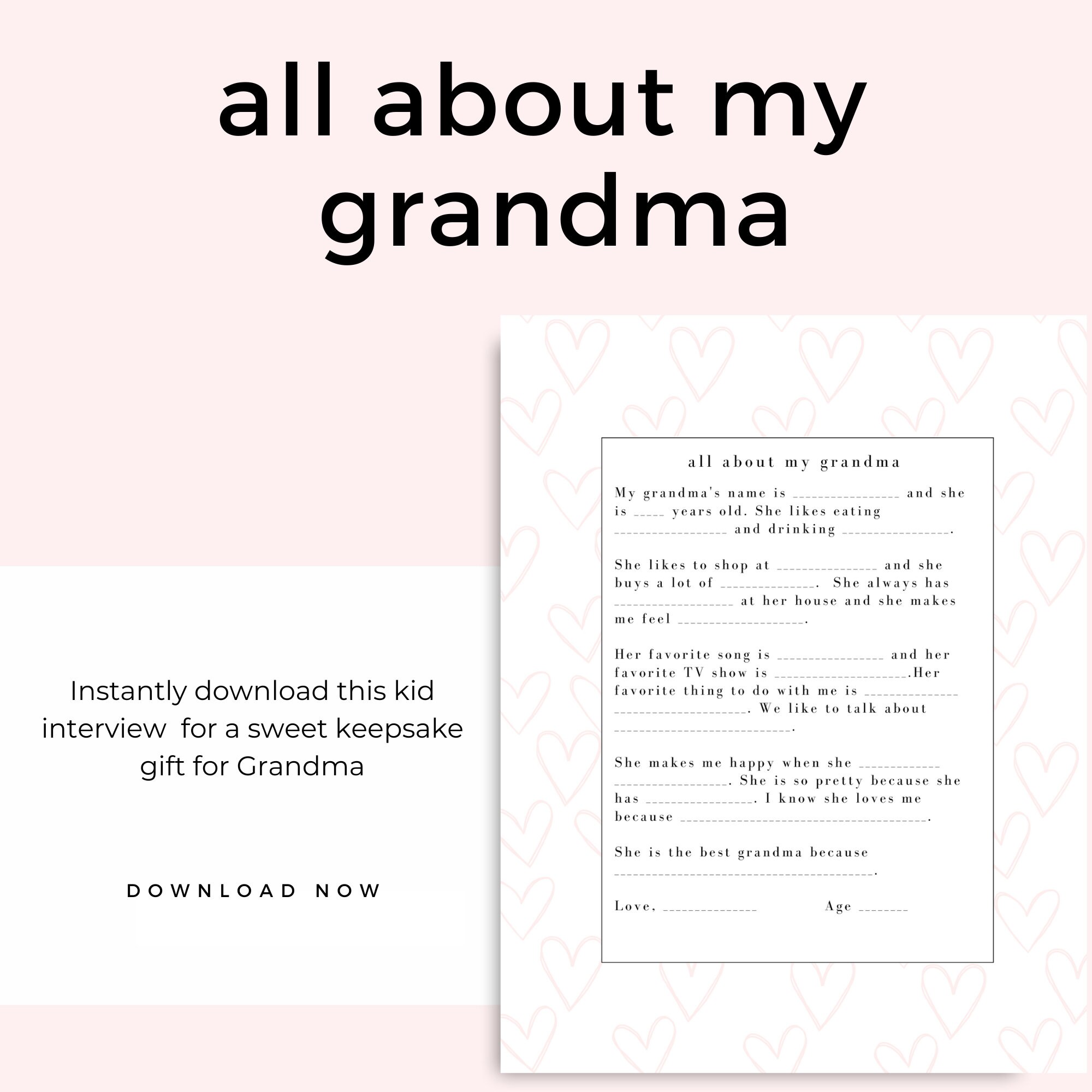 All About My Grandma Interview From Kids Printable Pink Hearts, Mother ...