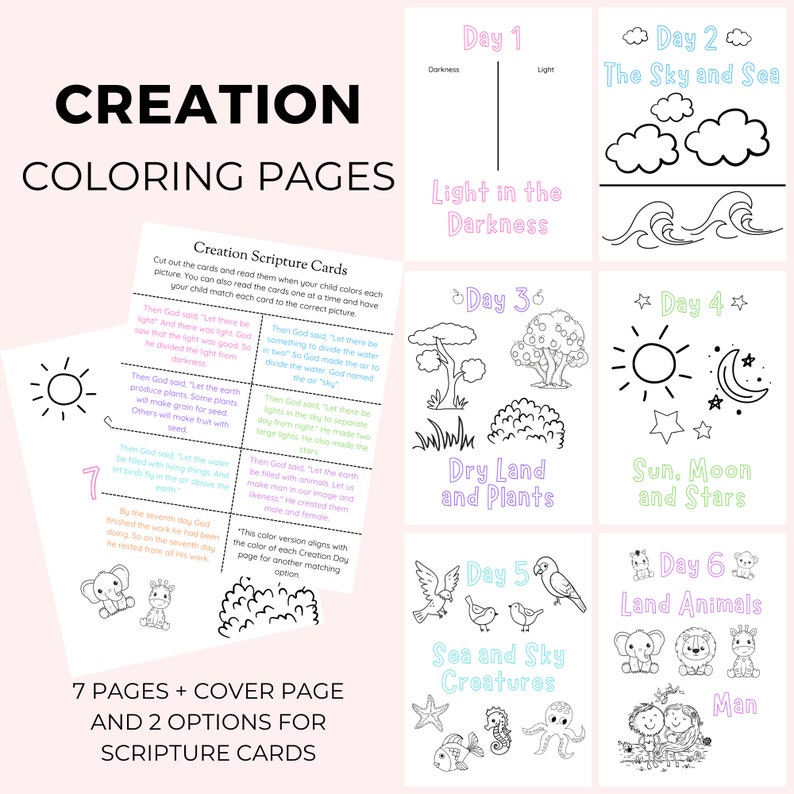 Creation Days Coloring Pages, 7 Days of Creation Preschool Activities