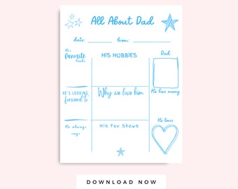 All About Dad Printable Blue Card, Father's Day Letter from Kids, Preschool Kid Dad Birthday Gift Keepsake, Instant download Kid Activity