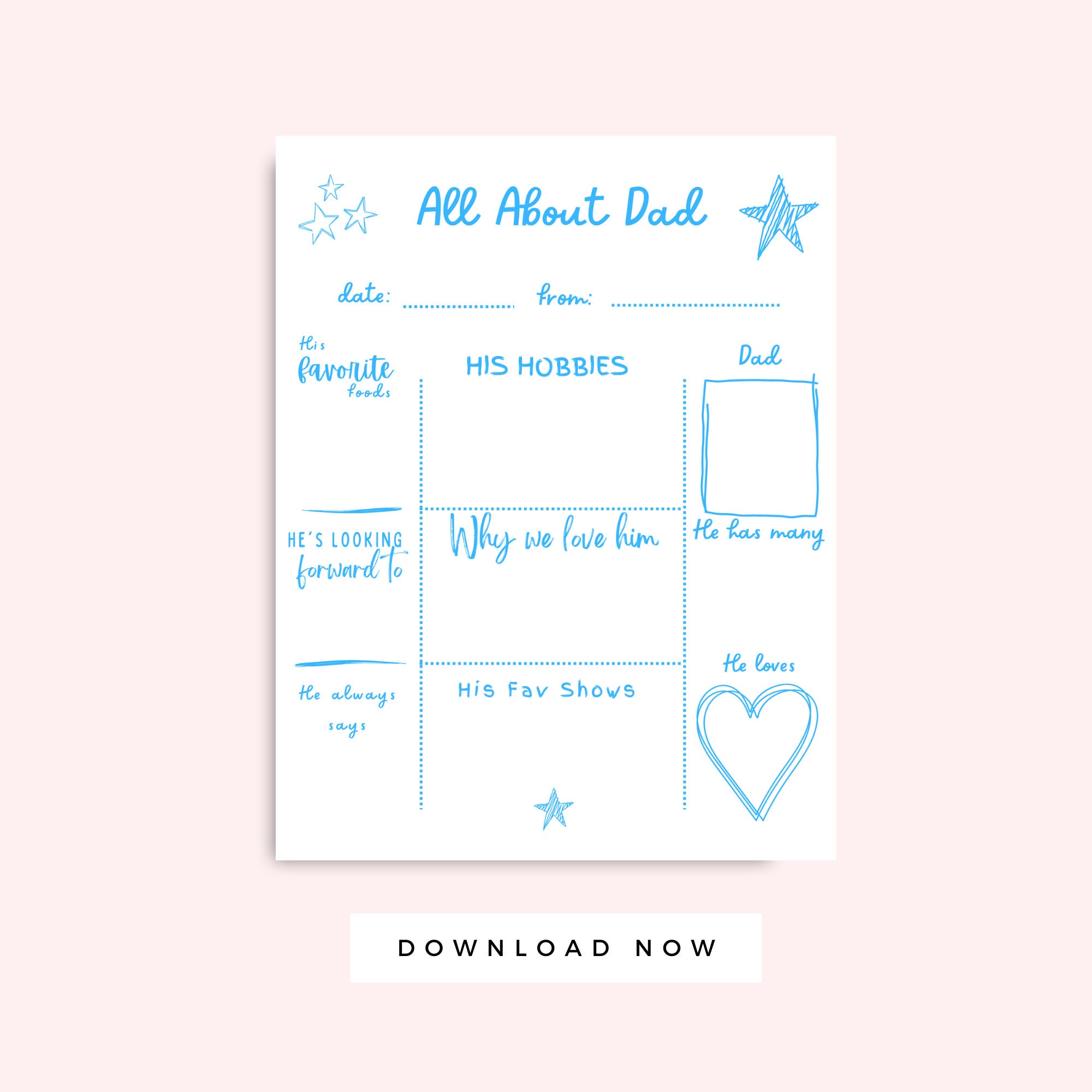 All About Dad Printable Blue Card, Father's Day Letter From Kids ...