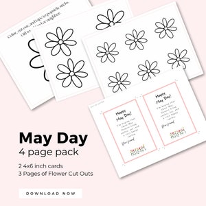 Cartes du 1er mai pour les enfants imprimables 4 x 6 pouces avec des découpes de fleurs, note du 1er mai, activité préscolaire de printemps imprimable, carte de téléchargement instantané