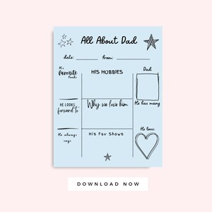 Todo sobre papá Carta imprimible del Día del Padre, Tarjeta de cumpleaños azul para papá de niños, Regalo de papá, Entrevista con niños, Preescolar, Descarga instantánea