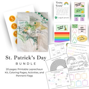 Pacote para impressão infantil do Dia de São Patrício, kit de armadilha de duende, carta de duende, bandeiras de flâmula, páginas para colorir da sorte, atividades de trevo