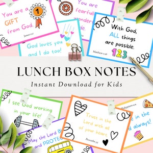 Notas de lancheira cristã para crianças, cartões de incentivo para impressão, cartões bonitos de versículos bíblicos para crianças, notas de download instantâneo de volta às aulas