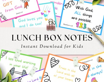 Christian Lunch Box Notes for Kids, Printable Encouraging Cards, Cute Scripture Verse Cards for Kids, Back to School Instant Download Notes