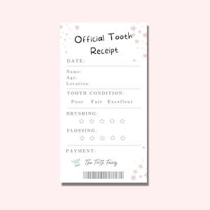 Reçu de fée des dents pour enfants imprimable, note de fée des dents rose de 3,5 x 6,5 pouces, certificat de dent perdue pour garçons et filles, lettre de dent perdue
