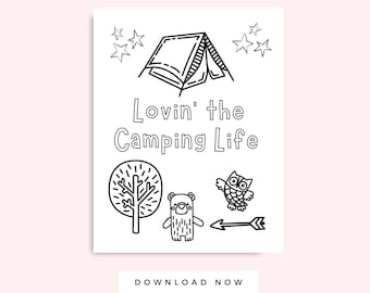 Camping Coloring Pages PDF Printable, Lovin' the Camping Life Picture, Summer Kid Activity, Preschool Coloring Pages, Instant Download
