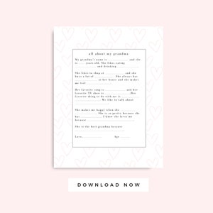 Alles über meine Oma Interview von Kindern druckbare rosa Herzen, Muttertag, Großeltern Tageskarte, druckbares Geschenk, Sofortiger download
